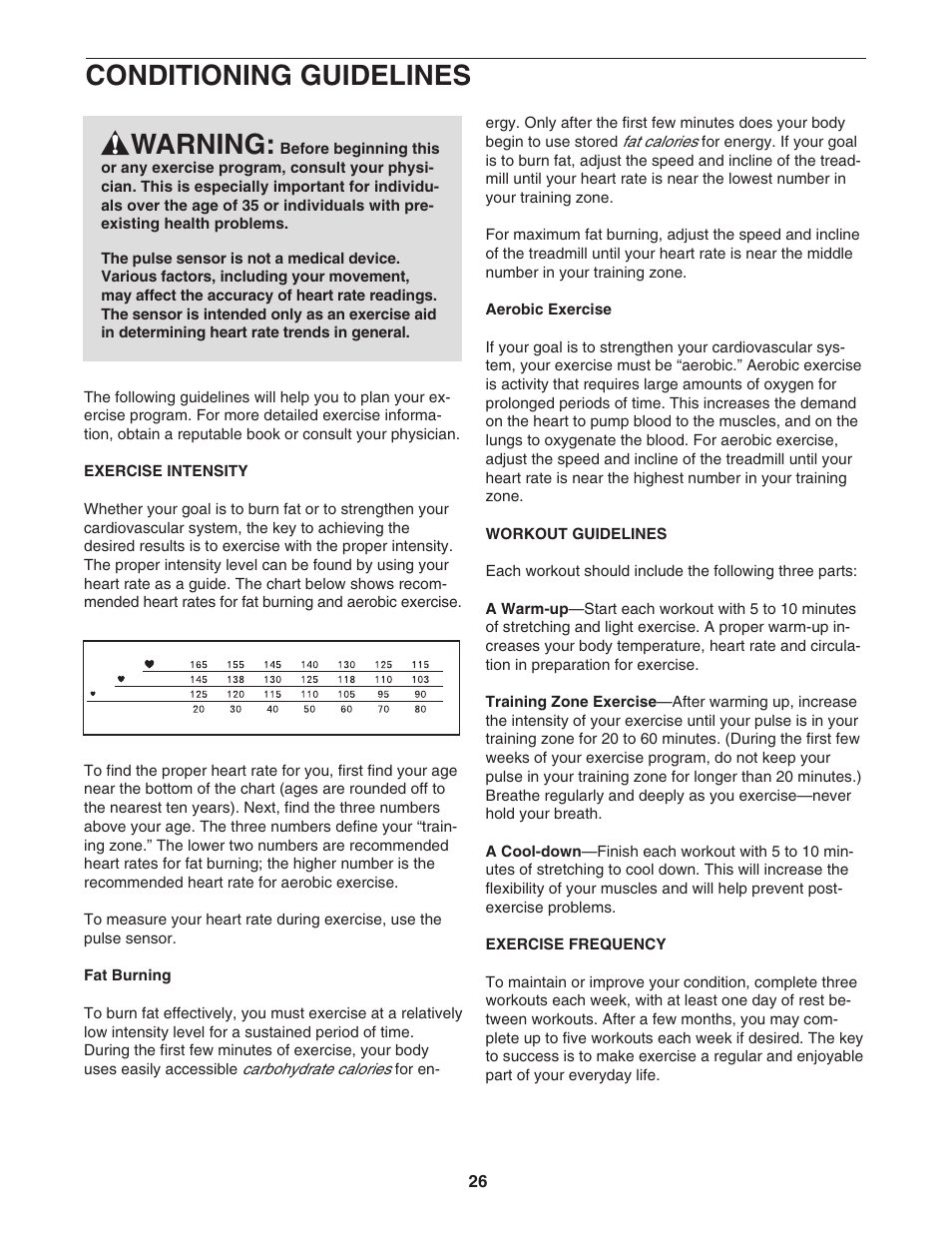 Conditioning guidelines, Warning | ProForm 30514.0 User Manual | Page 26 / 31