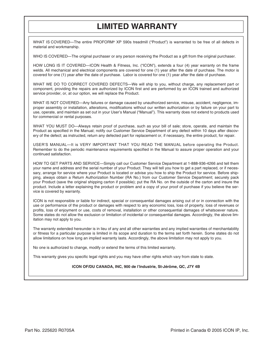 Limited warranty | ProForm 30514.0 User Manual | Page 30 / 31