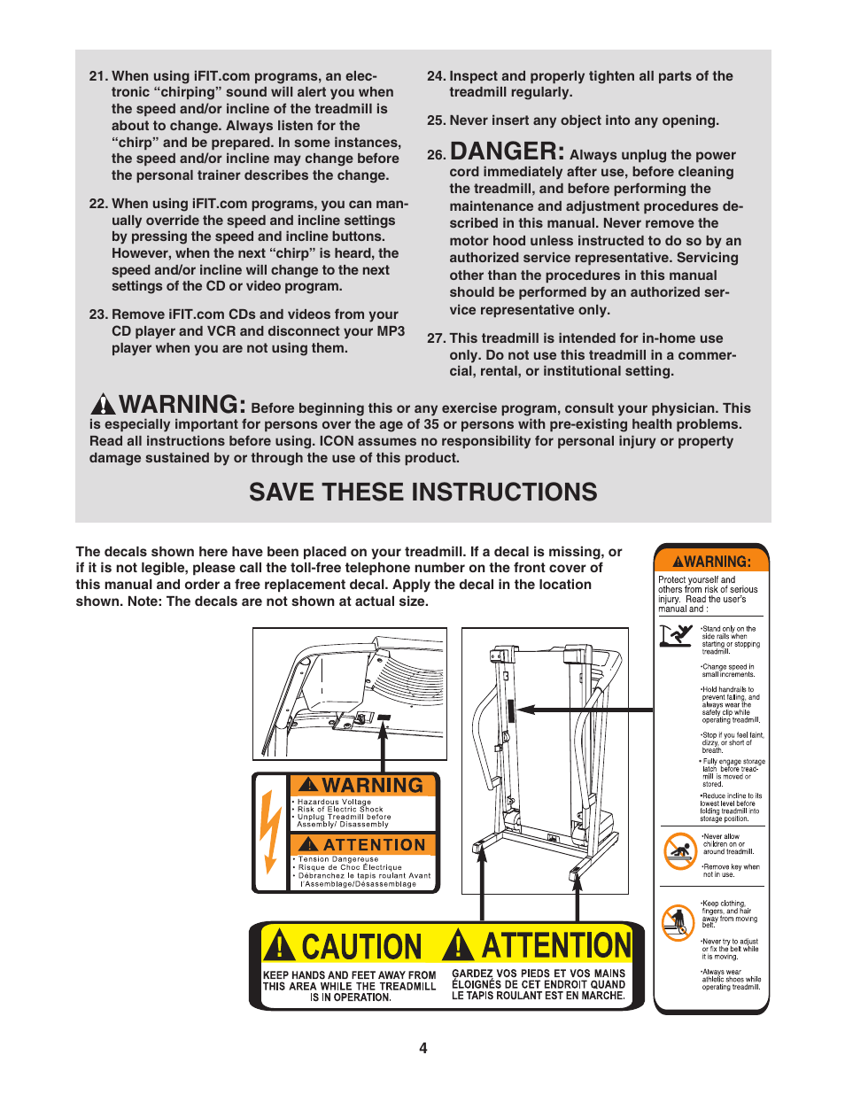 Danger, Warning, Save these instructions | ProForm 30514.0 User Manual | Page 4 / 31