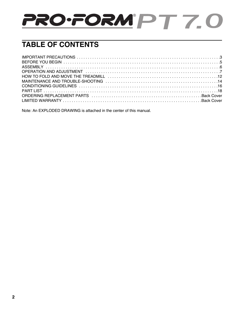 ProForm PT 7.0 PFTL79400 User Manual | Page 2 / 22