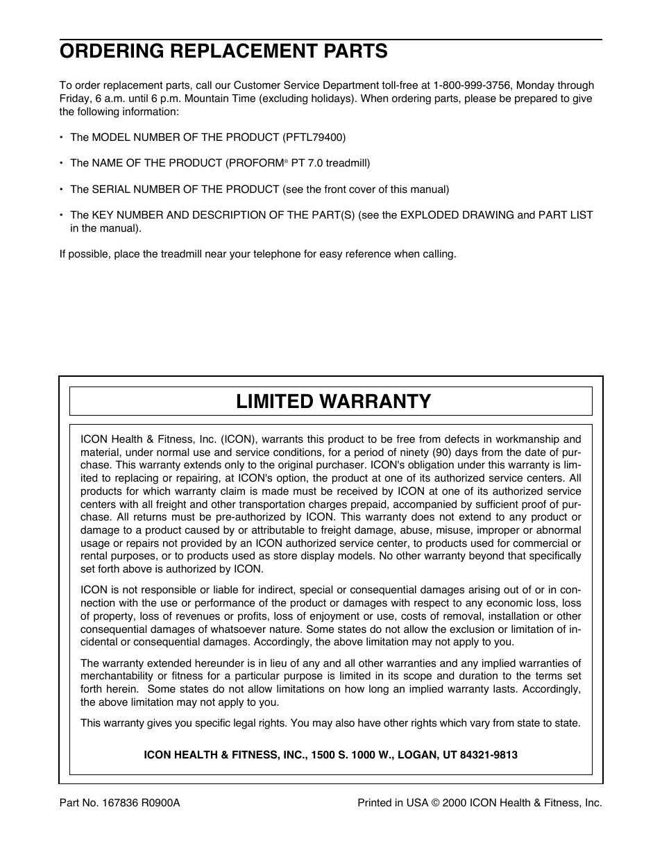 Ordering replacement parts, Limited warranty | ProForm PT 7.0 PFTL79400 User Manual | Page 22 / 22