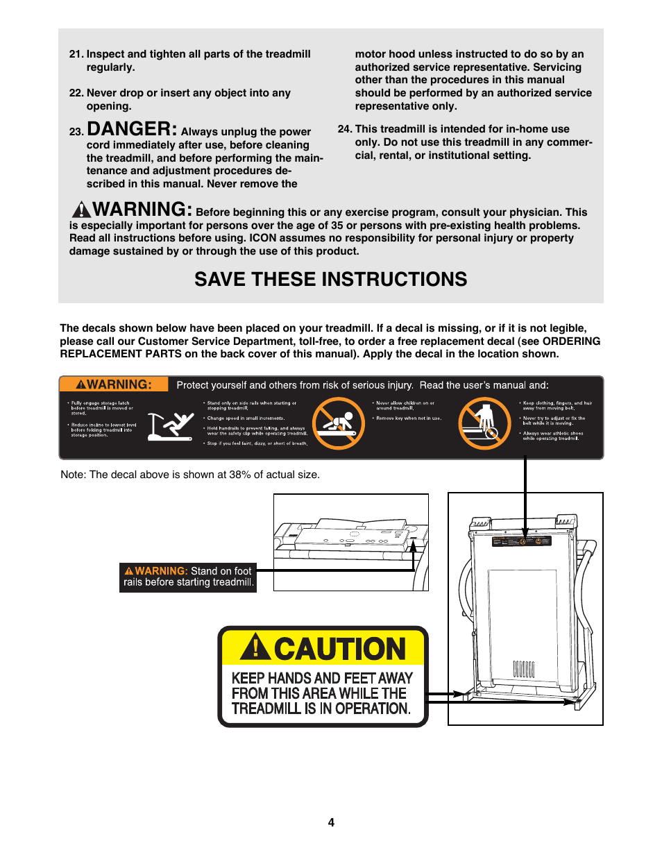Warning, Save these instructions, Danger | ProForm PT 7.0 PFTL79400 User Manual | Page 4 / 22