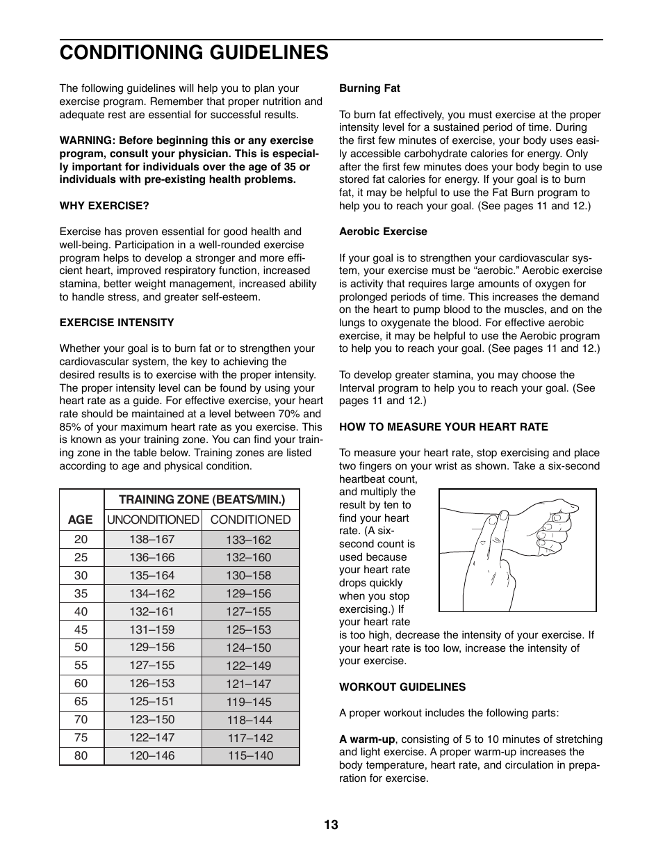 Conditioning guidelines | ProForm L.E.X PFEL25070 User Manual | Page 13 / 16