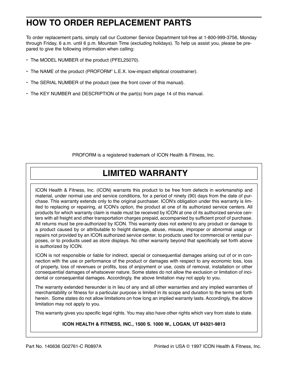 How to order replacement parts, Limited warranty | ProForm L.E.X PFEL25070 User Manual | Page 16 / 16