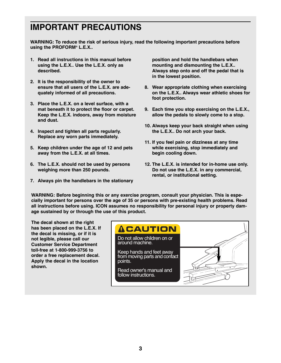 Important precautions | ProForm L.E.X PFEL25070 User Manual | Page 3 / 16