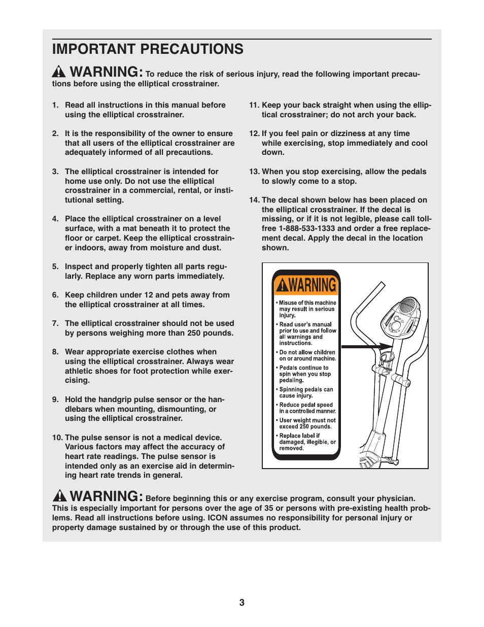 Important precautions warning, Warning | ProForm CardioCross Trainer PFEL39032 User Manual | Page 3 / 24