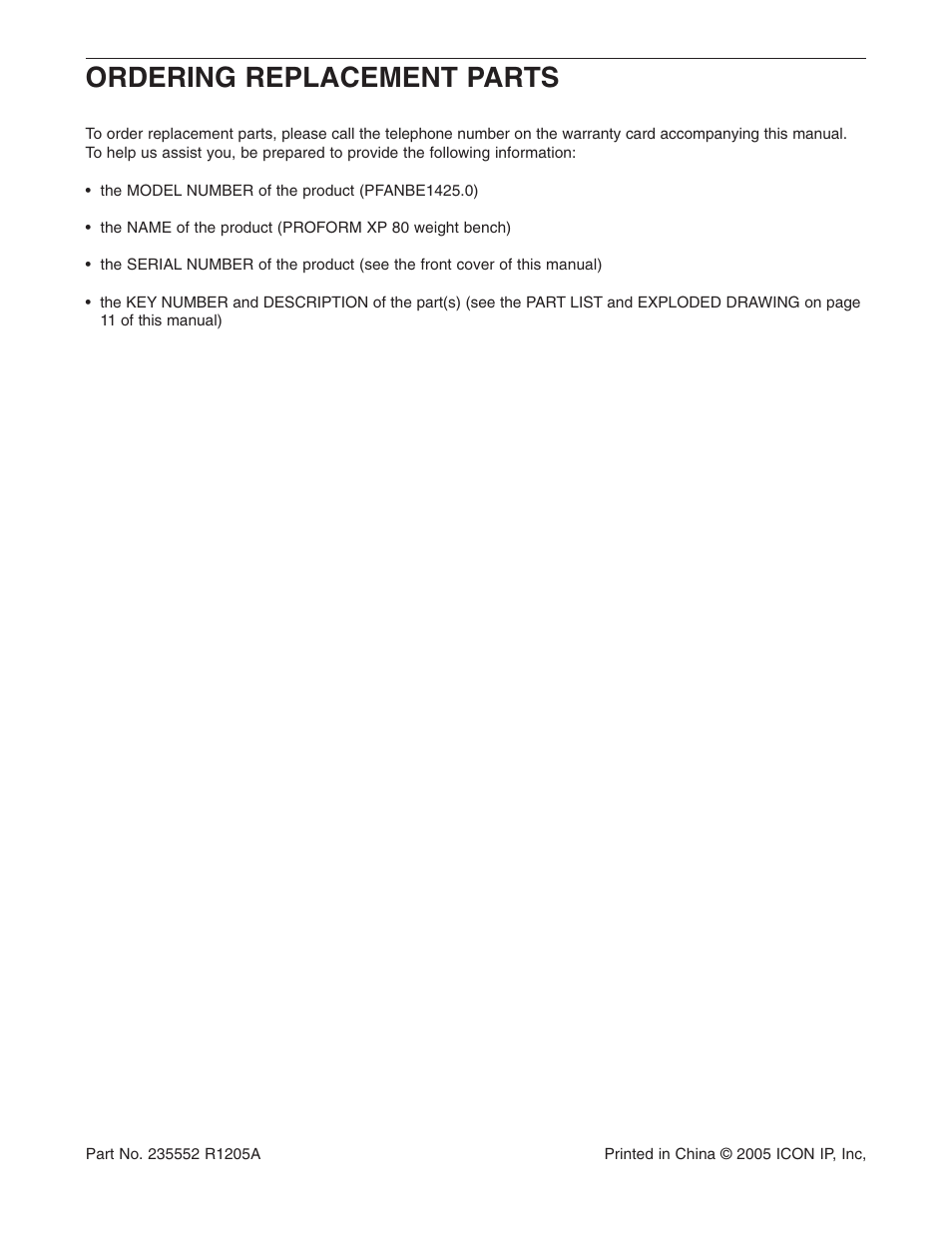 Ordering replacement parts | ProForm PFANBE1425.0 User Manual | Page 12 / 12