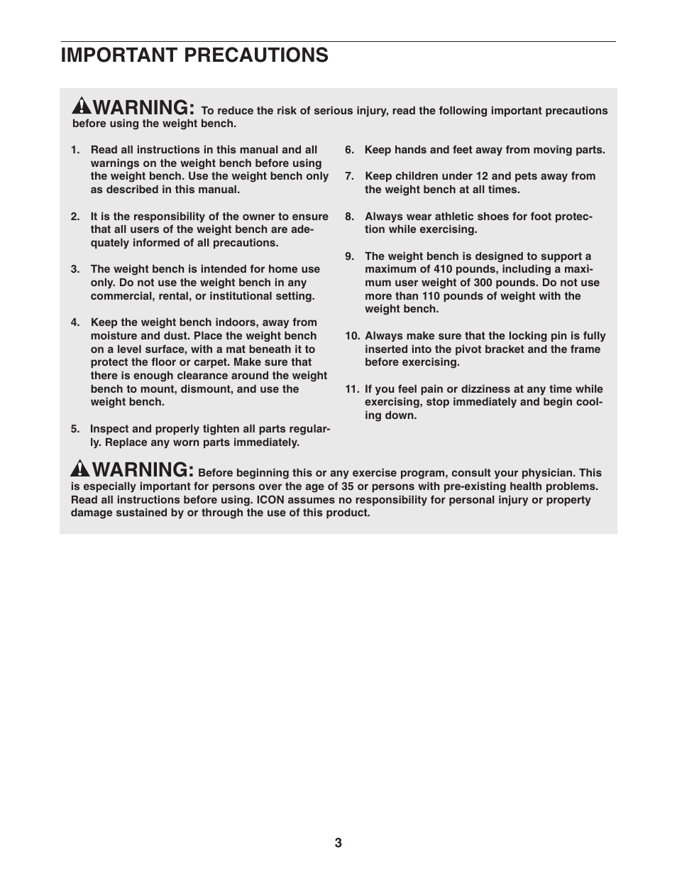 Warning, Important precautions | ProForm PFANBE1425.0 User Manual | Page 3 / 12