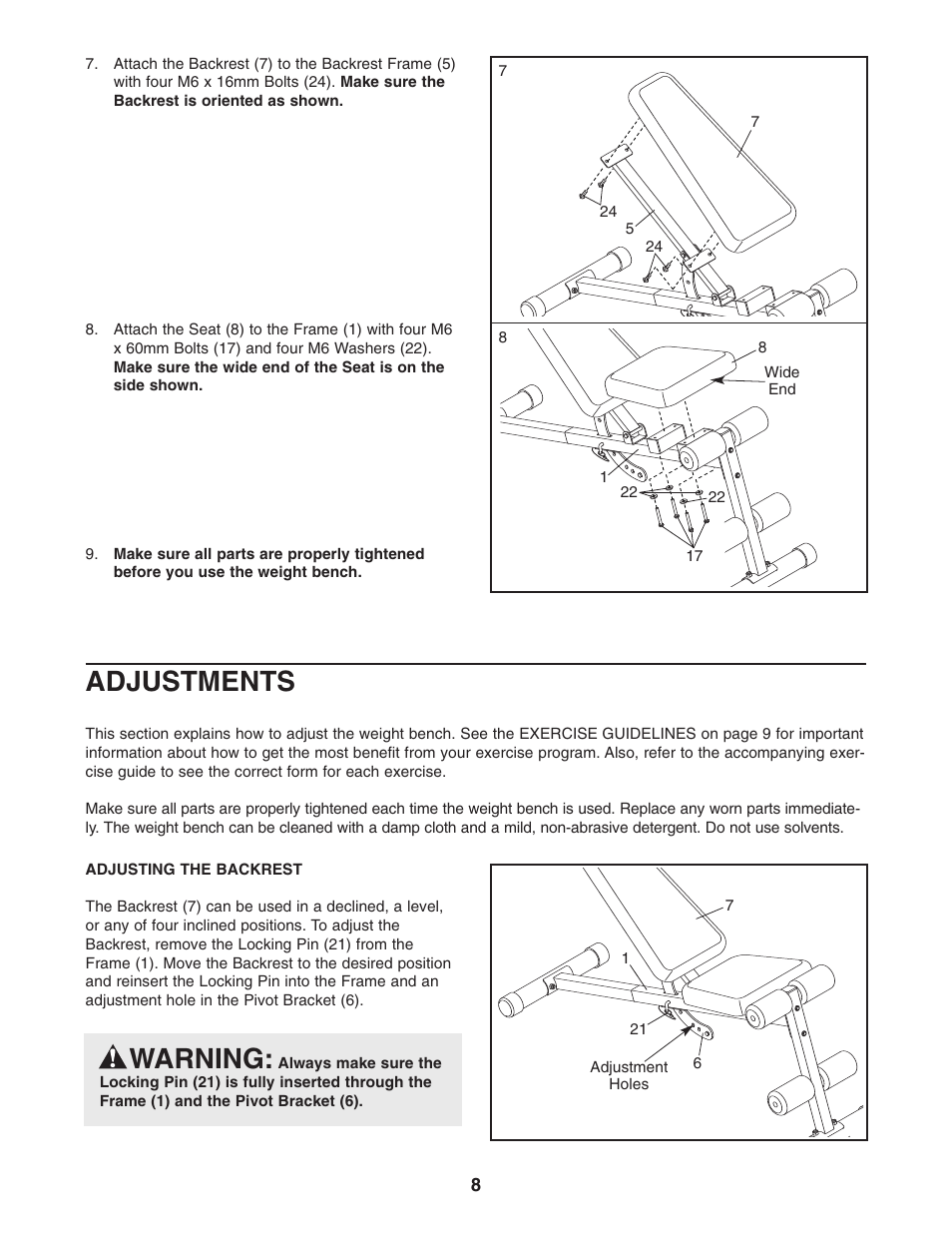Adjustments, Warning | ProForm PFANBE1425.0 User Manual | Page 8 / 12
