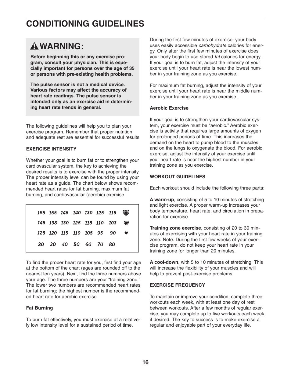 Conditioning guidelines, Warning | ProForm XP 115 831.28643.0 User Manual | Page 16 / 20