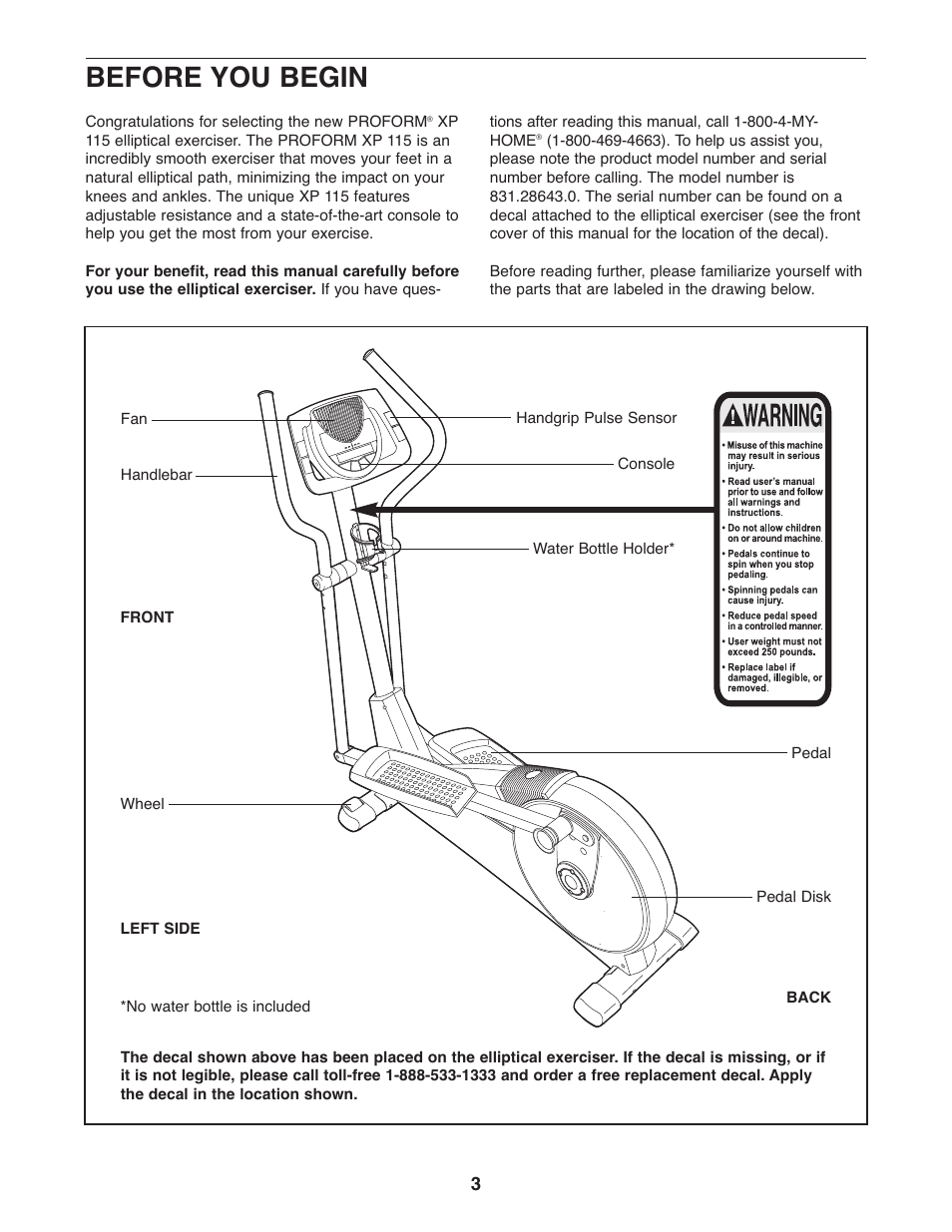Before you begin | ProForm XP 115 831.28643.0 User Manual | Page 3 / 20
