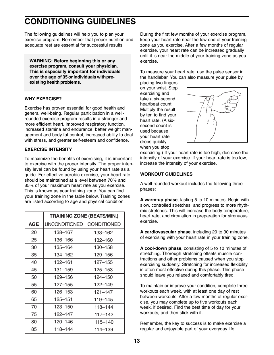 Conditioning guidelines | ProForm 831.288280 User Manual | Page 13 / 16
