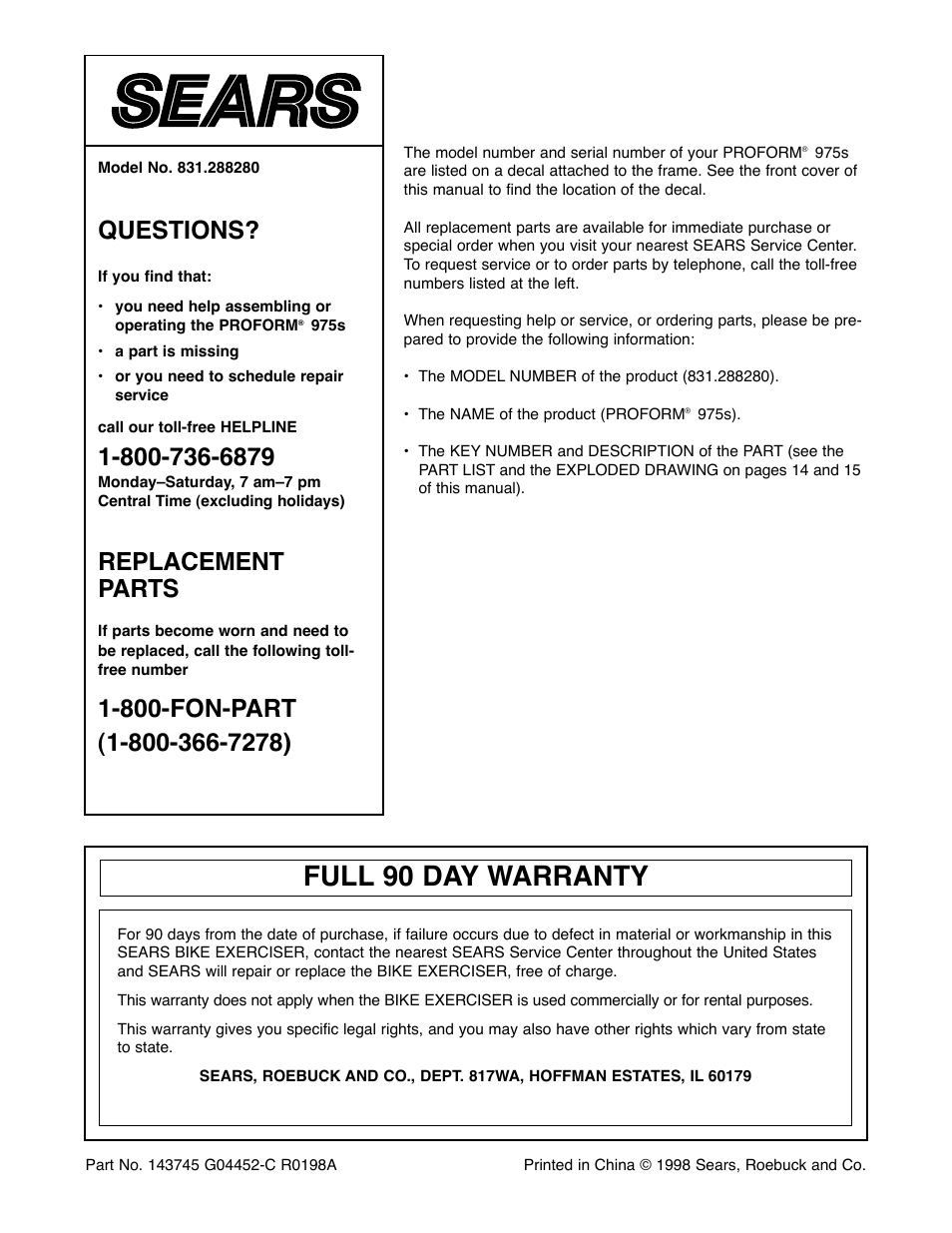 Full 90 day warranty, Questions, Replacement parts | ProForm 831.288280 User Manual | Page 16 / 16