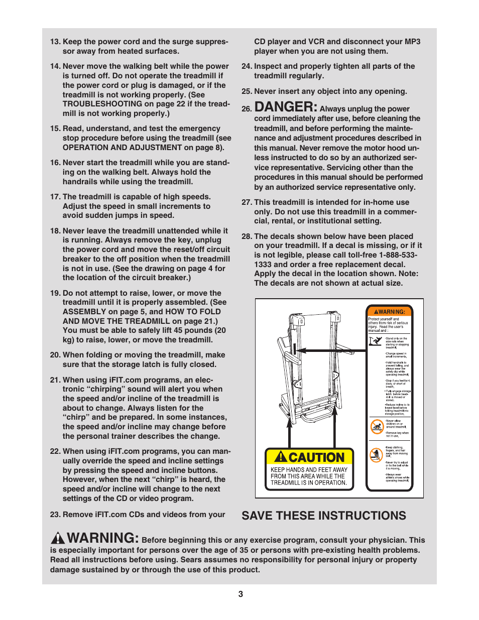 Danger, Warning, Save these instructions | ProForm XP 550E 831.29605.2 User Manual | Page 3 / 30