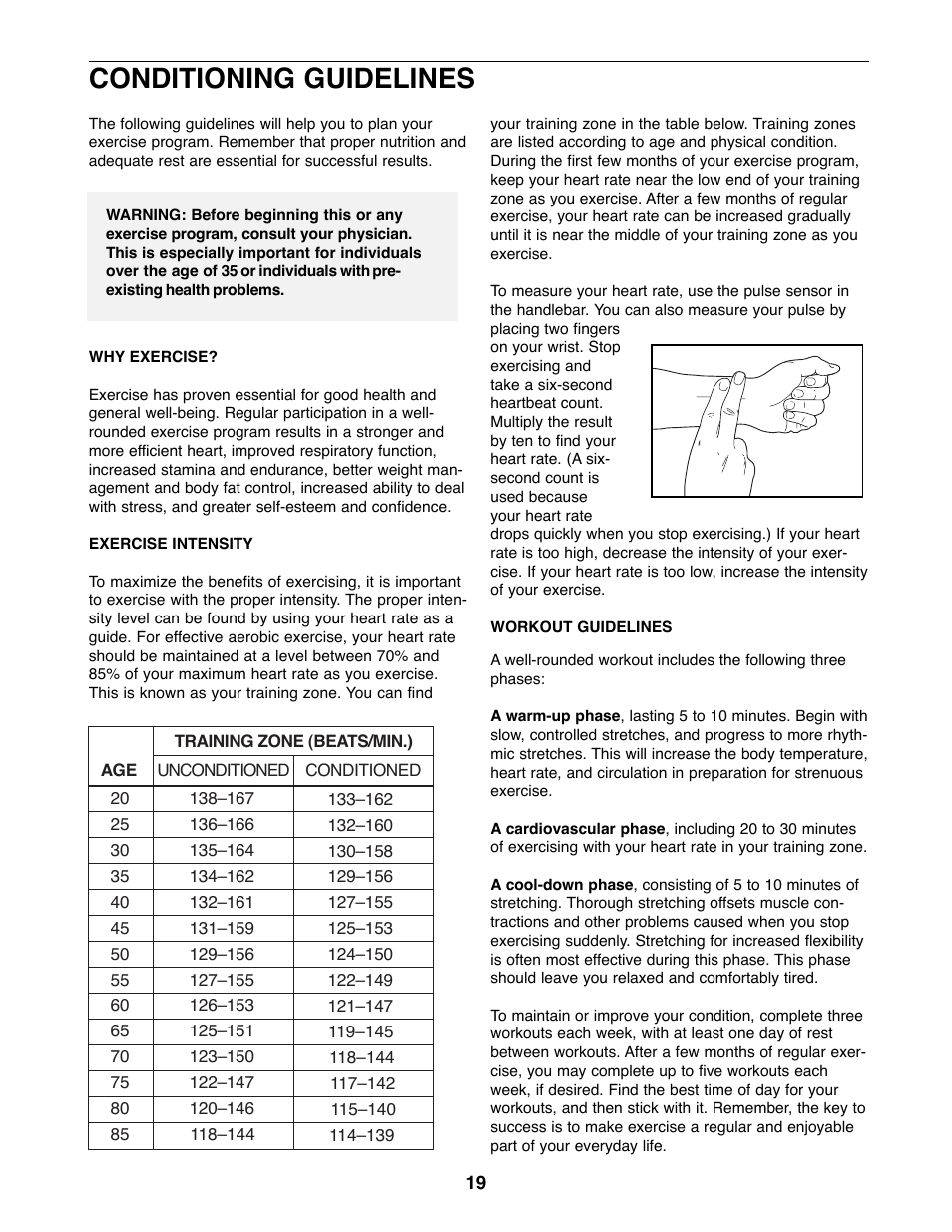 Conditioning guidelines | ProForm PFRX35390 User Manual | Page 16 / 18