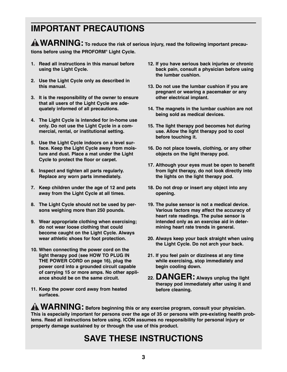 Important precautions warning, Danger, Warning | Save these instructions | ProForm PFRX35390 User Manual | Page 3 / 18