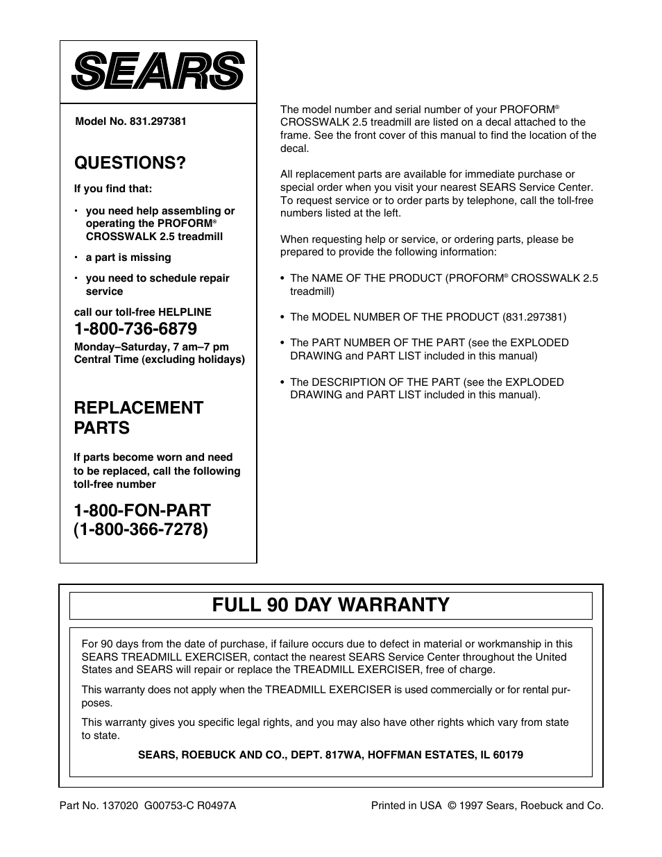Full 90 day warranty, Questions, Replacement parts | ProForm 831.297381 User Manual | Page 19 / 19