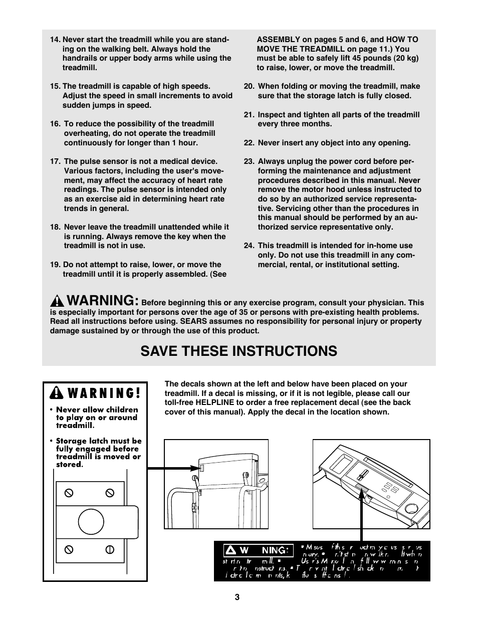 Warning, Save these instructions | ProForm 831.297381 User Manual | Page 3 / 19