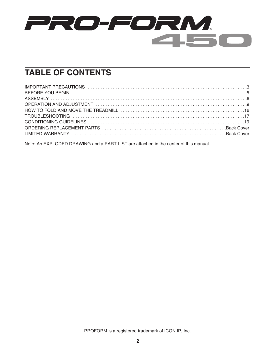 ProForm 450 PFTL41105.0 User Manual | Page 2 / 22