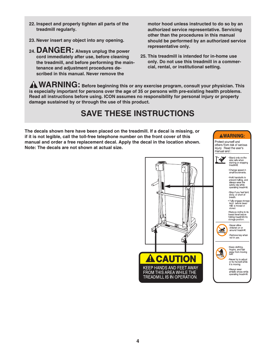 Danger, Warning, Save these instructions | ProForm 450 PFTL41105.0 User Manual | Page 4 / 22