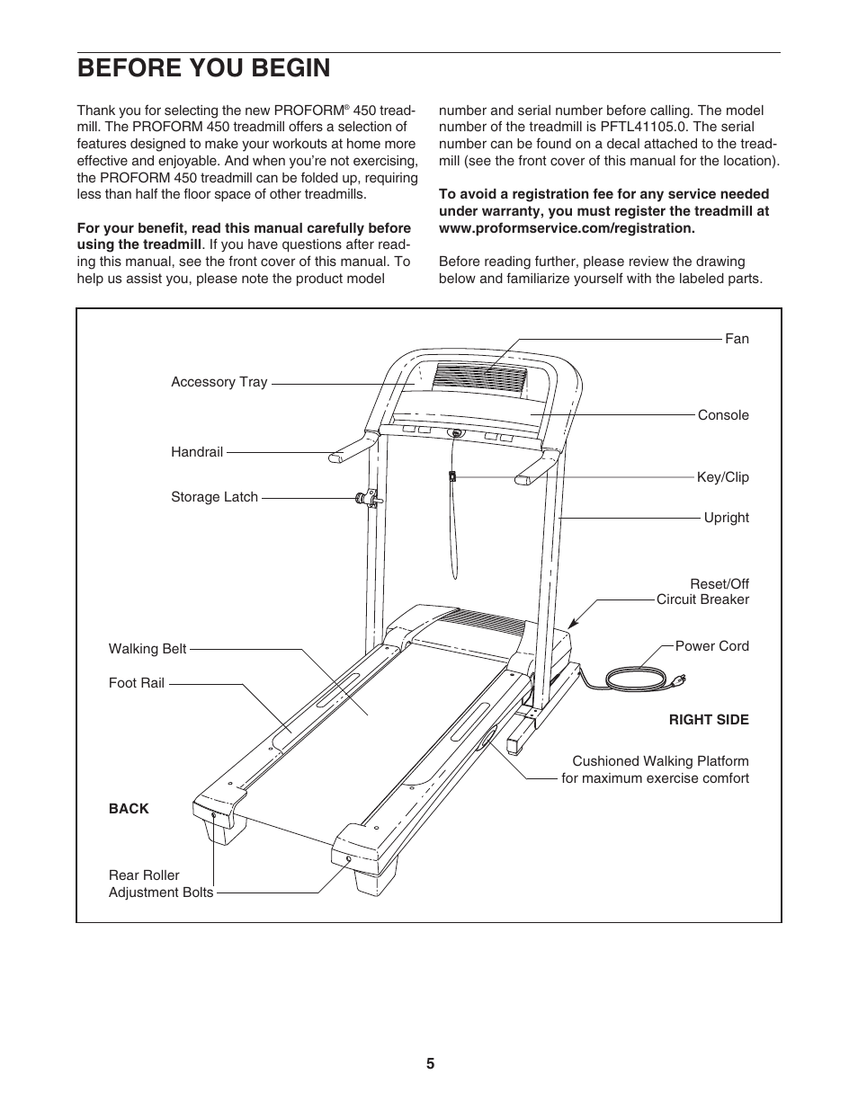 Before you begin | ProForm 450 PFTL41105.0 User Manual | Page 5 / 22