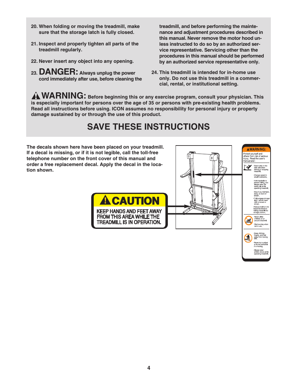 Danger, Warning, Save these instructions | ProForm PFTL73105.1 User Manual | Page 4 / 30