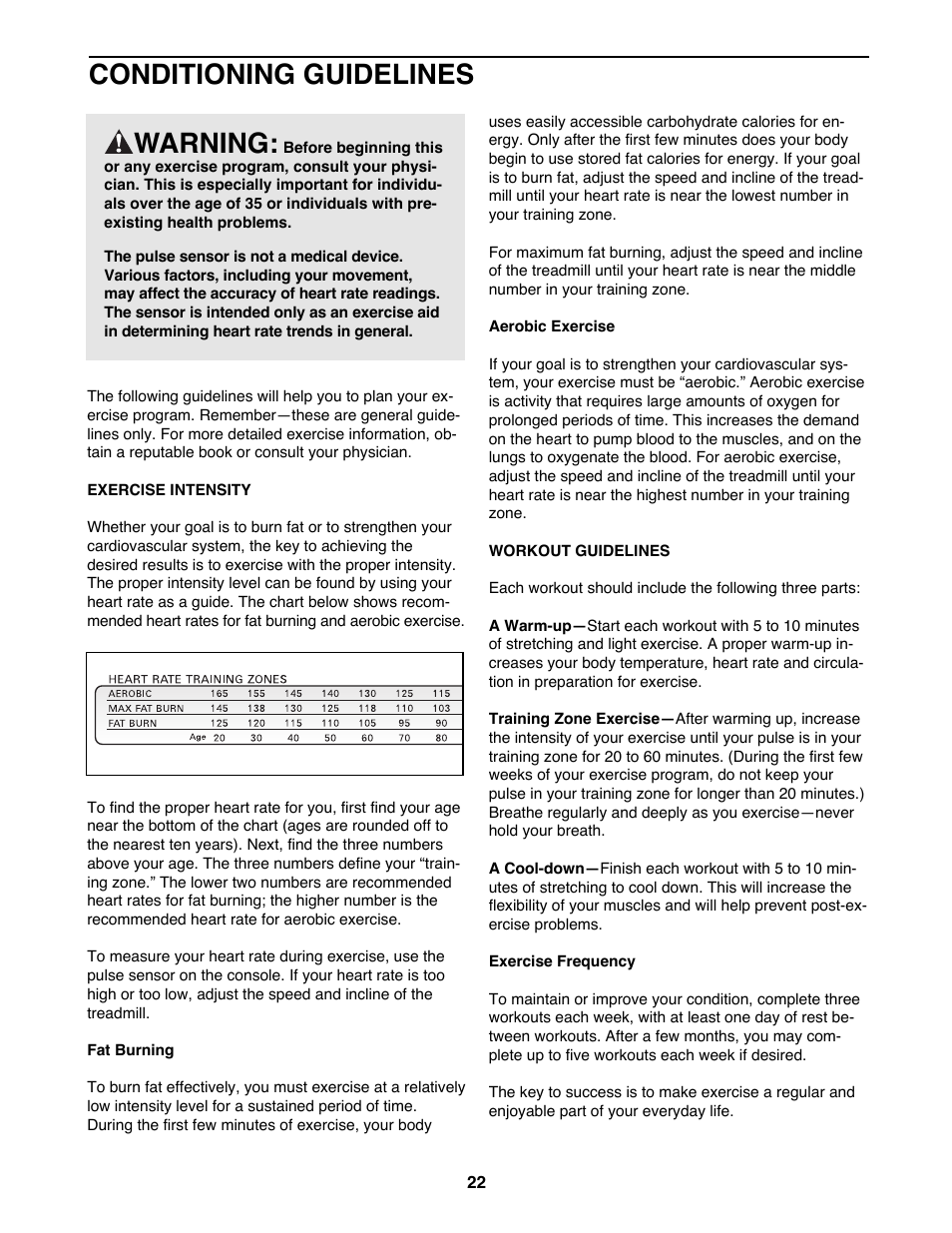 Conditioning guidelines, Warning | ProForm 730CS 831.299272 User Manual | Page 22 / 26