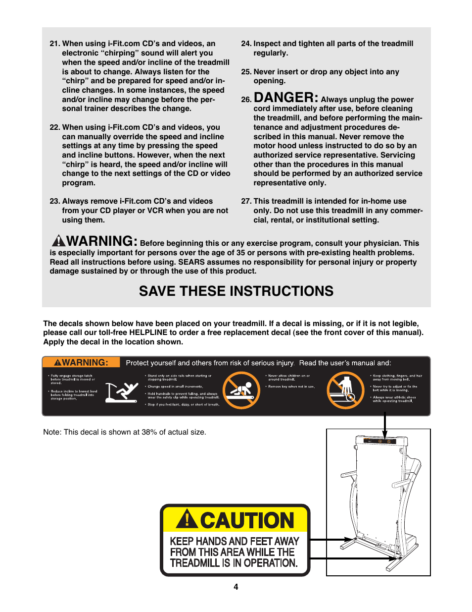 Danger, Warning, Save these instructions | ProForm 730CS 831.299272 User Manual | Page 4 / 26