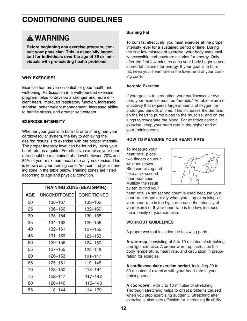 Conditioning guidelines, Warning | ProForm 831.285872 User Manual | Page 12 / 16