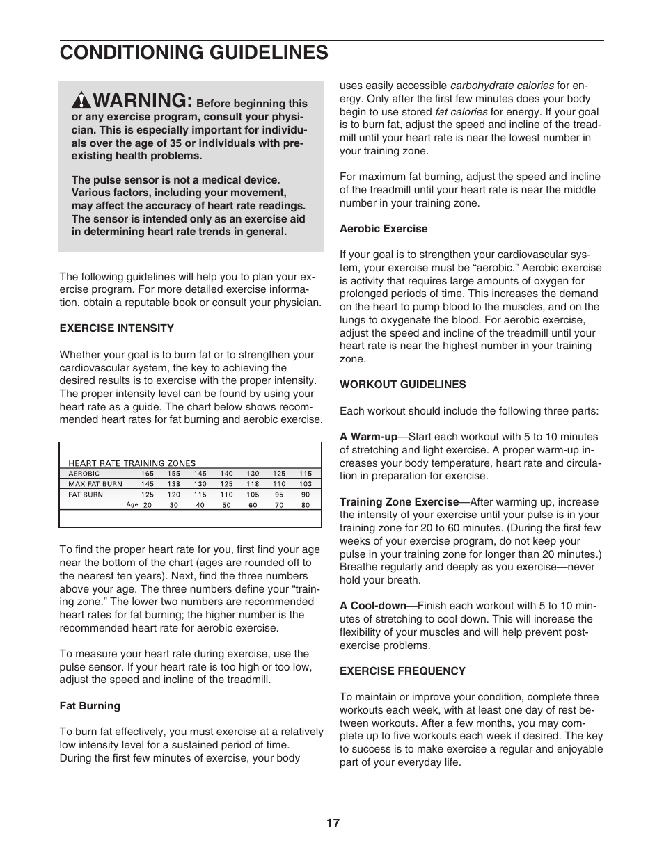 Conditioning guidelines, Warning | ProForm Crosswalk PFTL311340 User Manual | Page 17 / 22