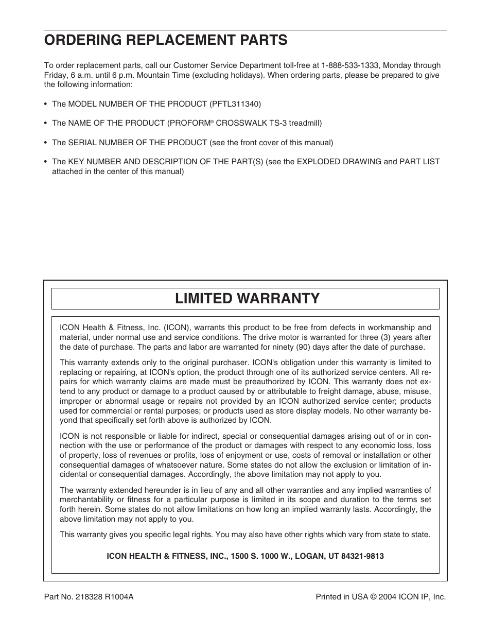 Ordering replacement parts, Limited warranty | ProForm Crosswalk PFTL311340 User Manual | Page 22 / 22