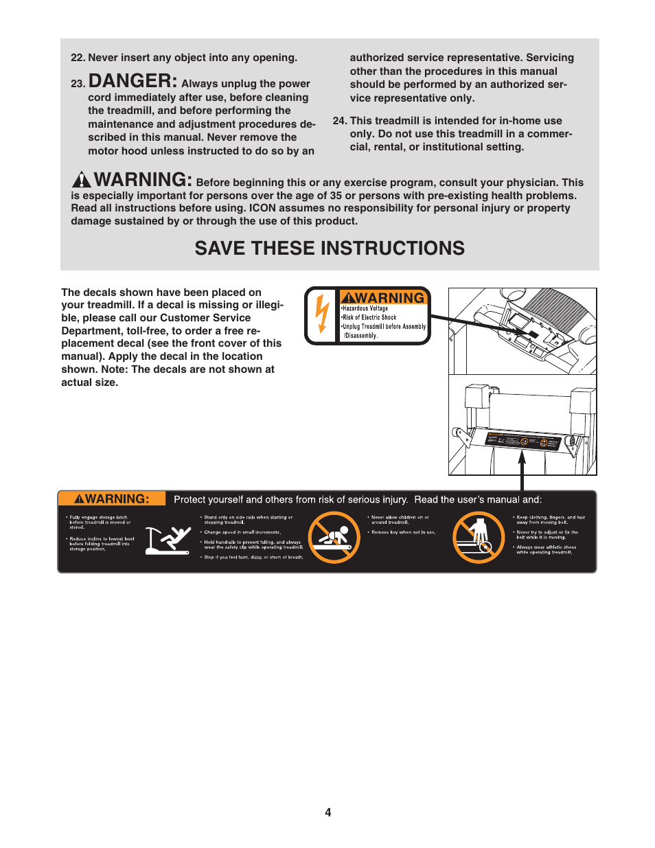 Warning, Save these instructions, Danger | ProForm Crosswalk PFTL311340 User Manual | Page 4 / 22