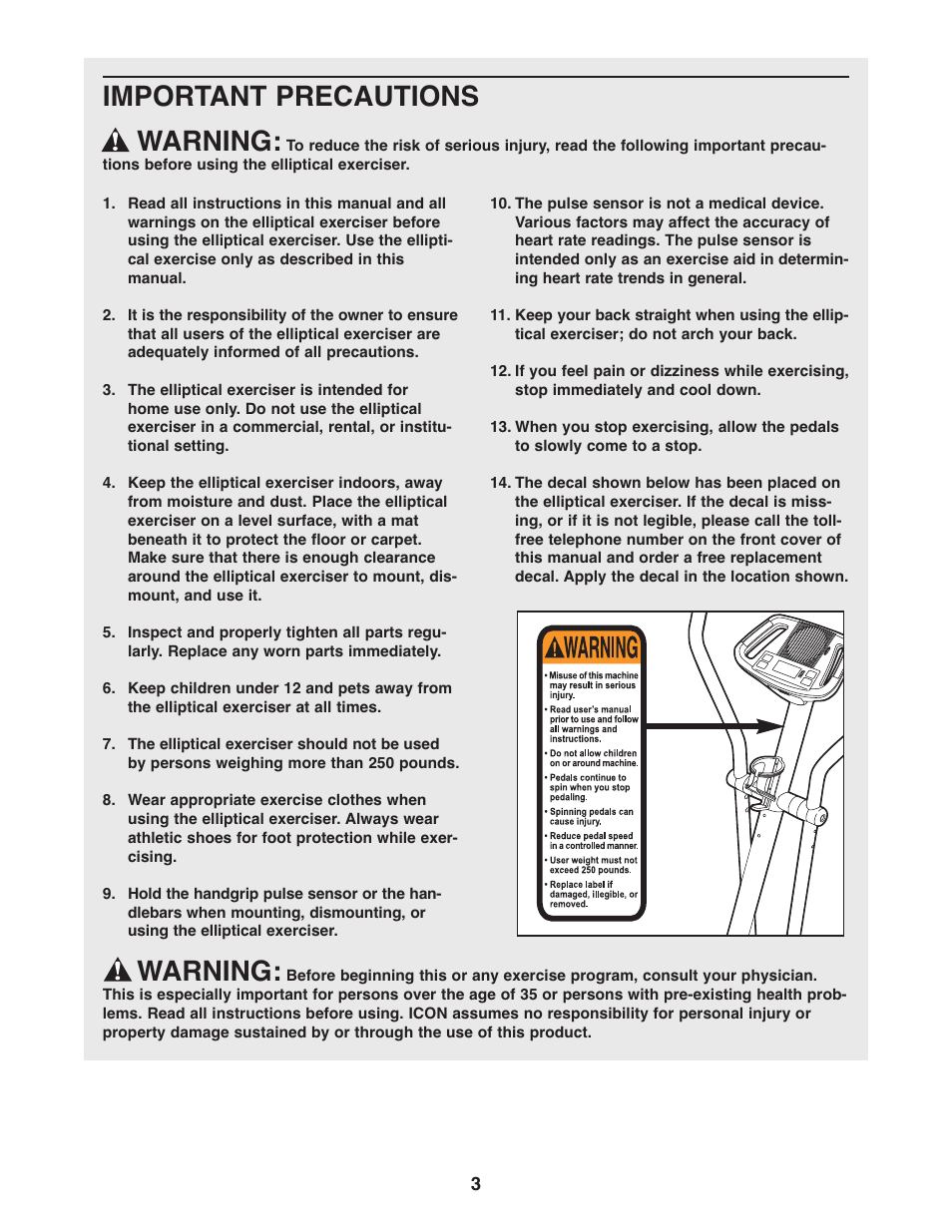Important precautions warning, Warning | ProForm PFEL3905.0 User Manual | Page 3 / 20