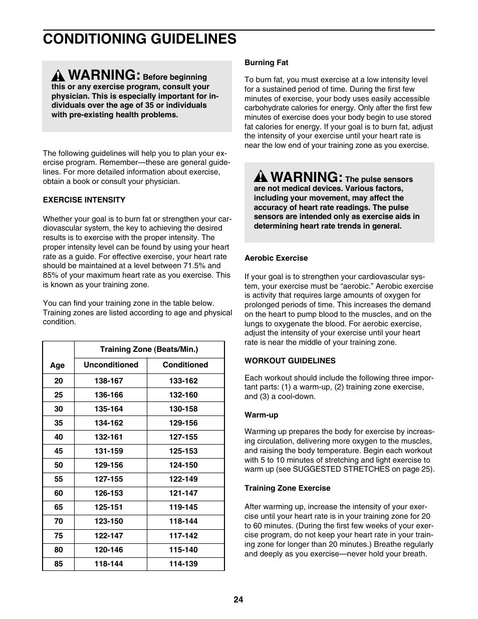 Conditioning guidelines, Warning | ProForm 795 User Manual | Page 24 / 30