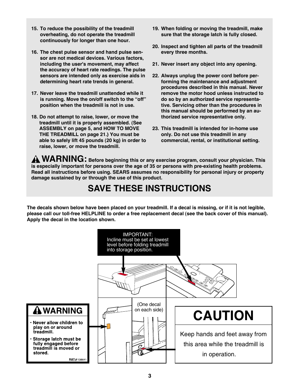 Caution, Warning, Save these instructions | ProForm 795 User Manual | Page 3 / 30