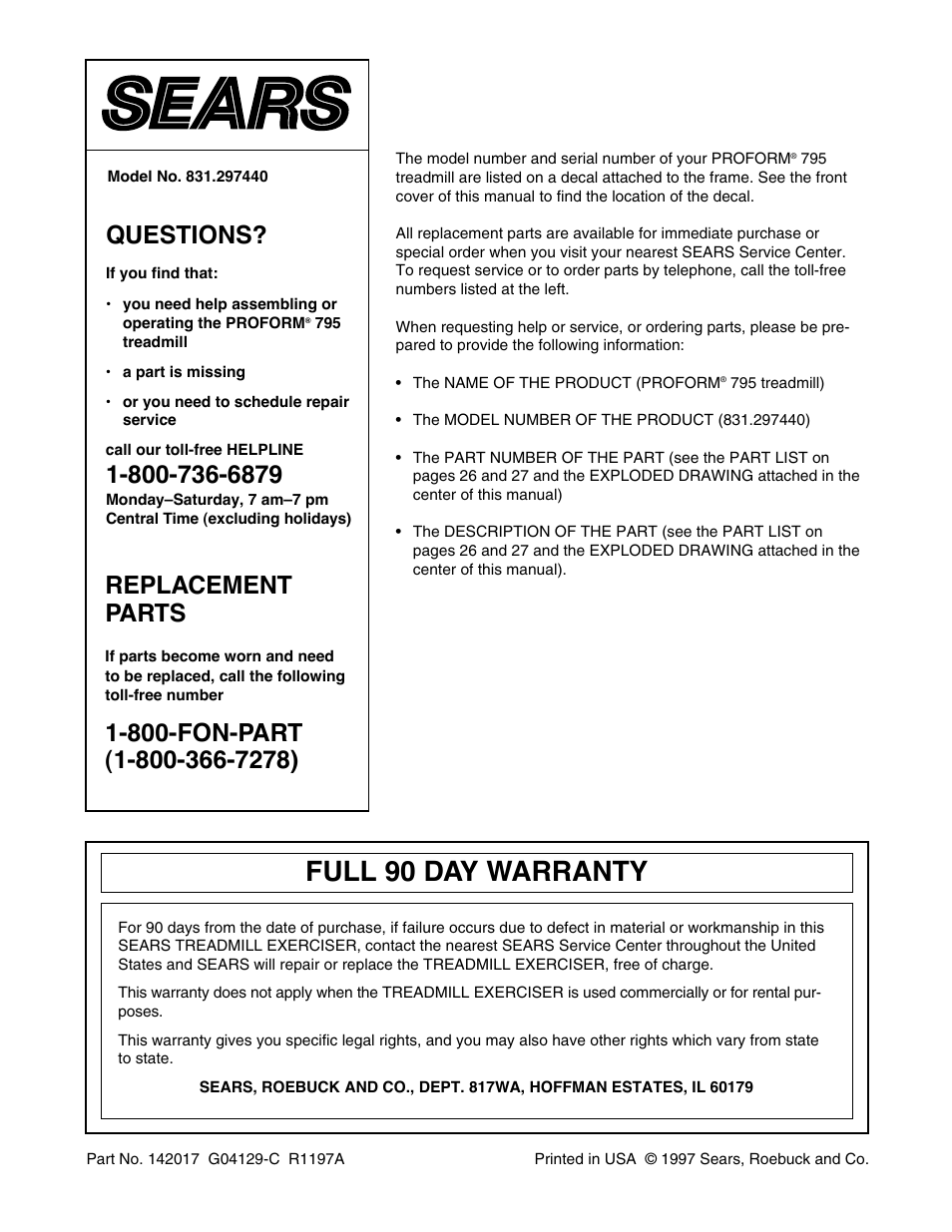 Full 90 day warranty, Questions, Replacement parts | ProForm 795 User Manual | Page 30 / 30