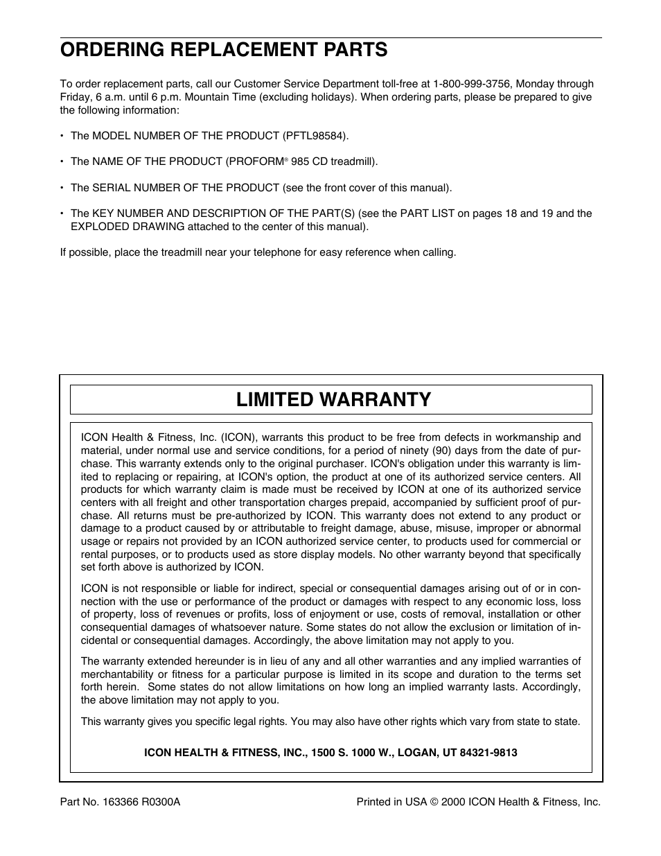 Ordering replacement parts, Limited warranty | ProForm PFTL98584 User Manual | Page 22 / 22
