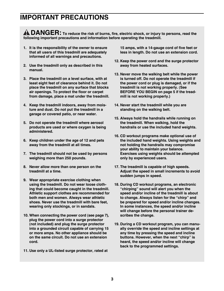 Danger, Important precautions | ProForm PFTL98584 User Manual | Page 3 / 22