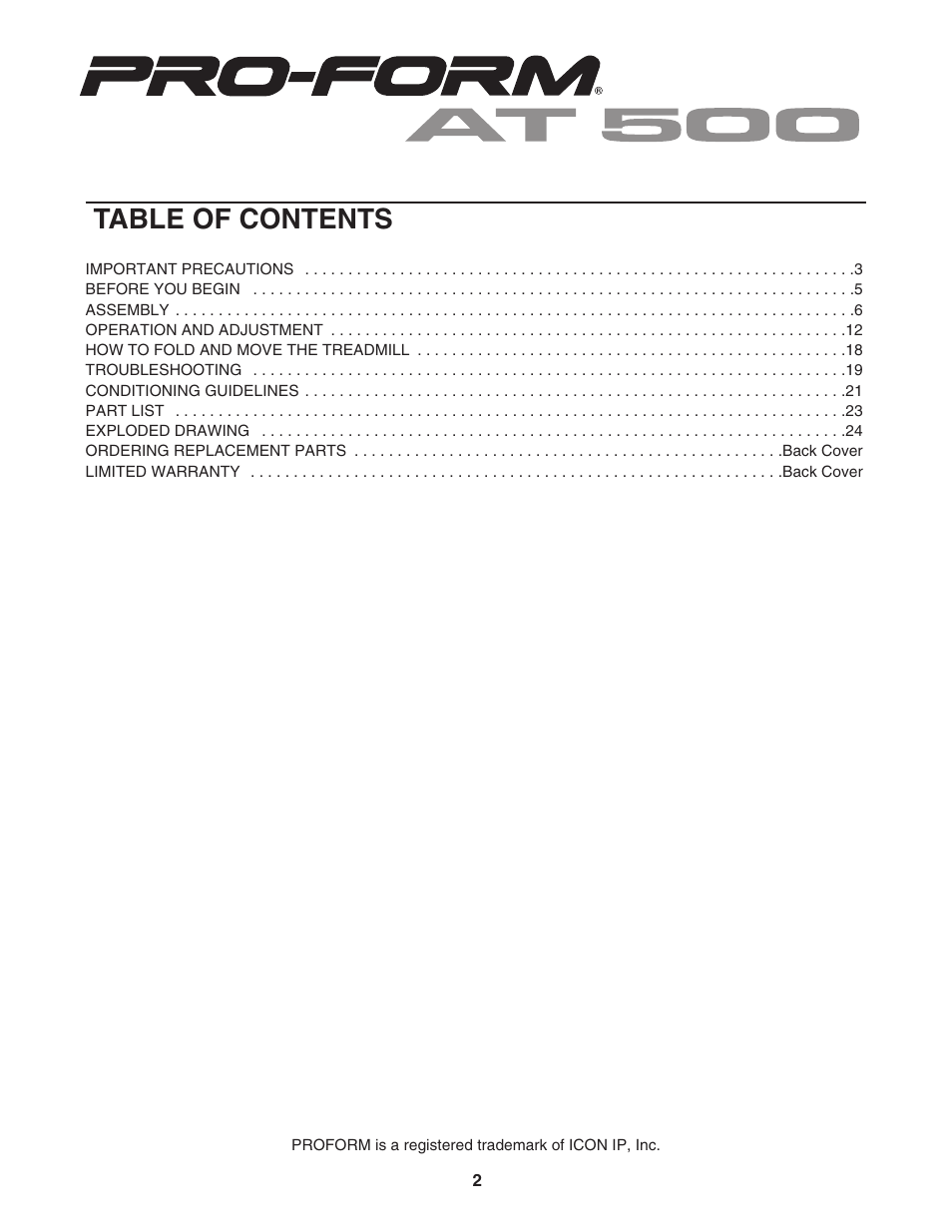 ProForm AT 500 PFTL49906.0 User Manual | Page 2 / 28
