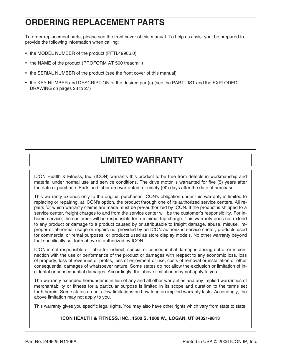 Limited warranty, Ordering replacement parts | ProForm AT 500 PFTL49906.0 User Manual | Page 28 / 28