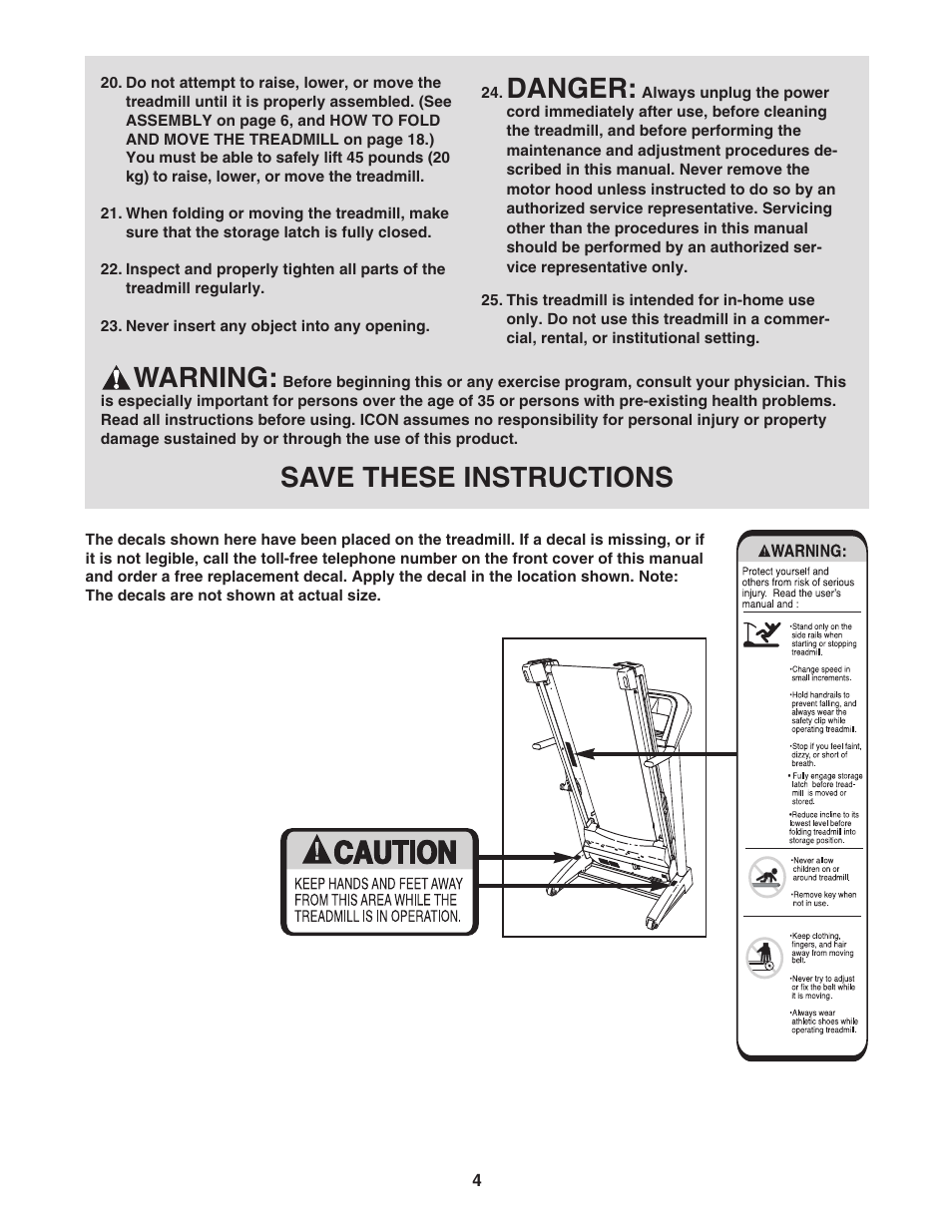 Danger, Warning, Save these instructions | ProForm AT 500 PFTL49906.0 User Manual | Page 4 / 28