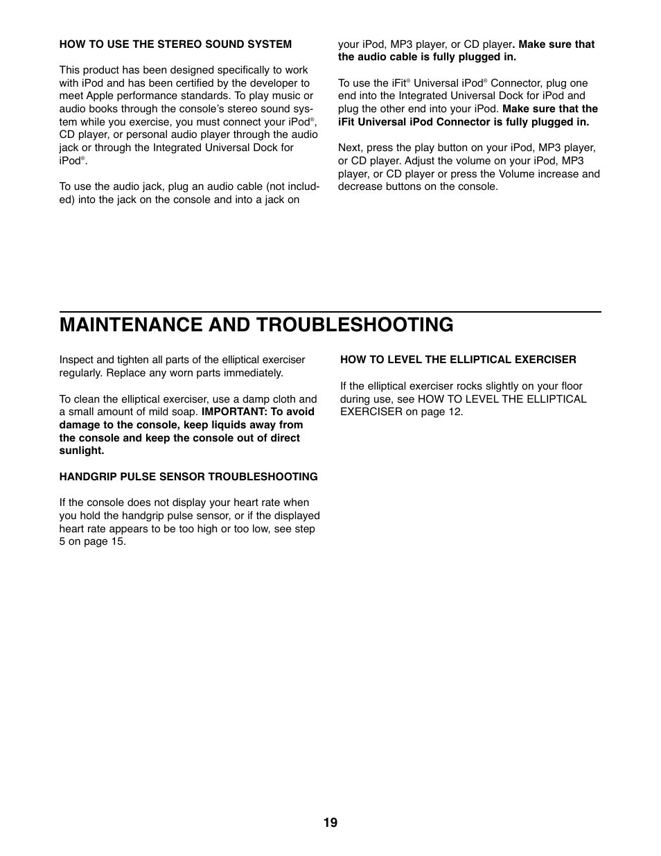 Maintenance and troubleshooting | ProForm 800 PFEL57907.0 User Manual | Page 19 / 24