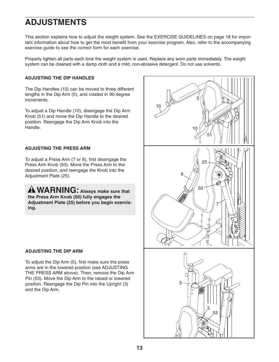 Warning, Adjustments | ProForm Fusion PFSY6806.0 User Manual | Page 13 / 24