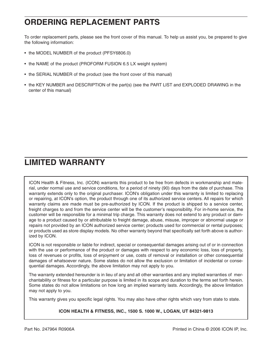 Ordering replacement parts limited warranty | ProForm Fusion PFSY6806.0 User Manual | Page 24 / 24