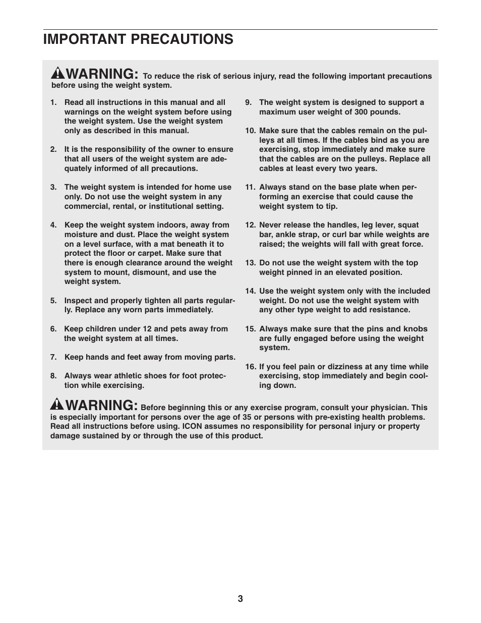 Warning, Important precautions | ProForm Fusion PFSY6806.0 User Manual | Page 3 / 24