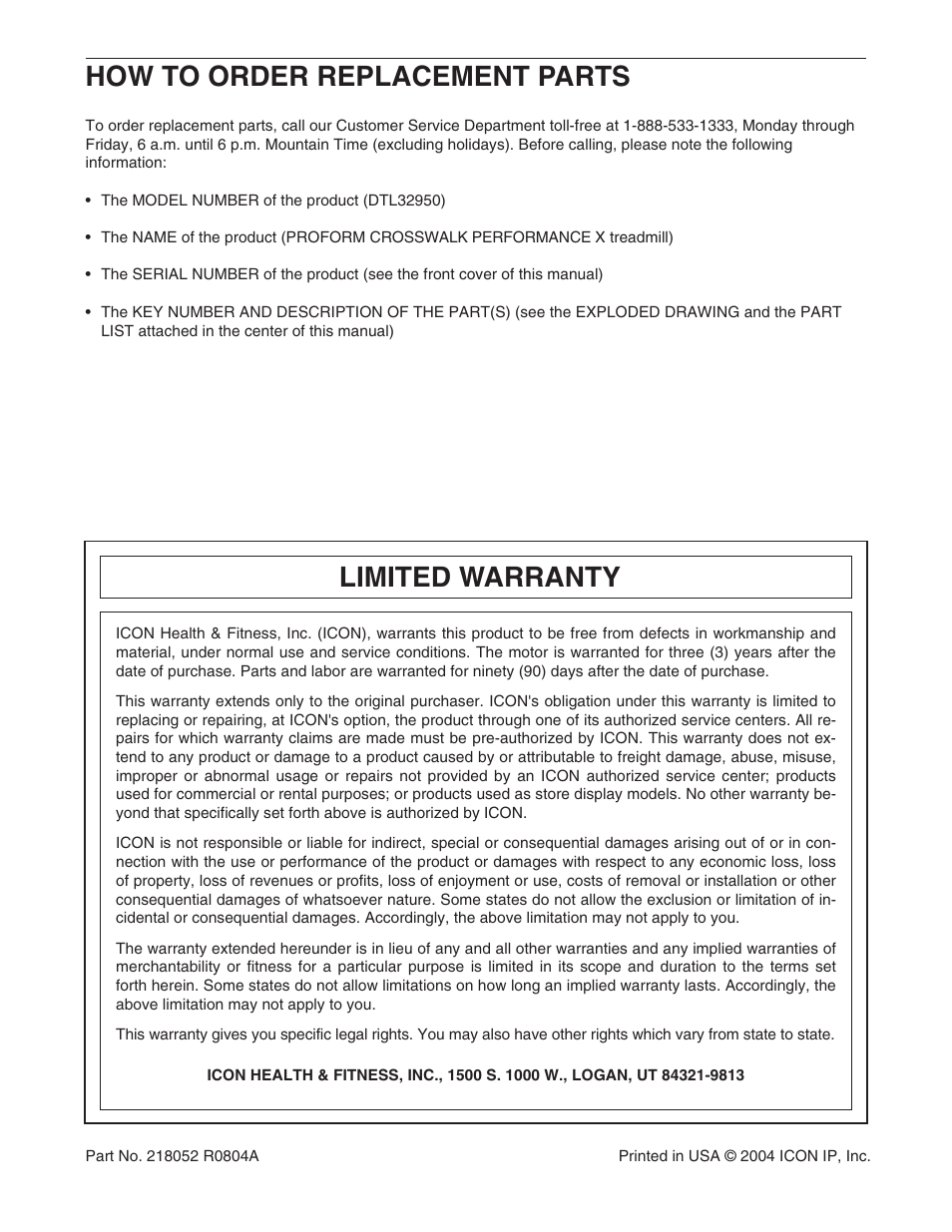 Limited warranty, How to order replacement parts | ProForm CrossWalk DTL32950 User Manual | Page 22 / 22