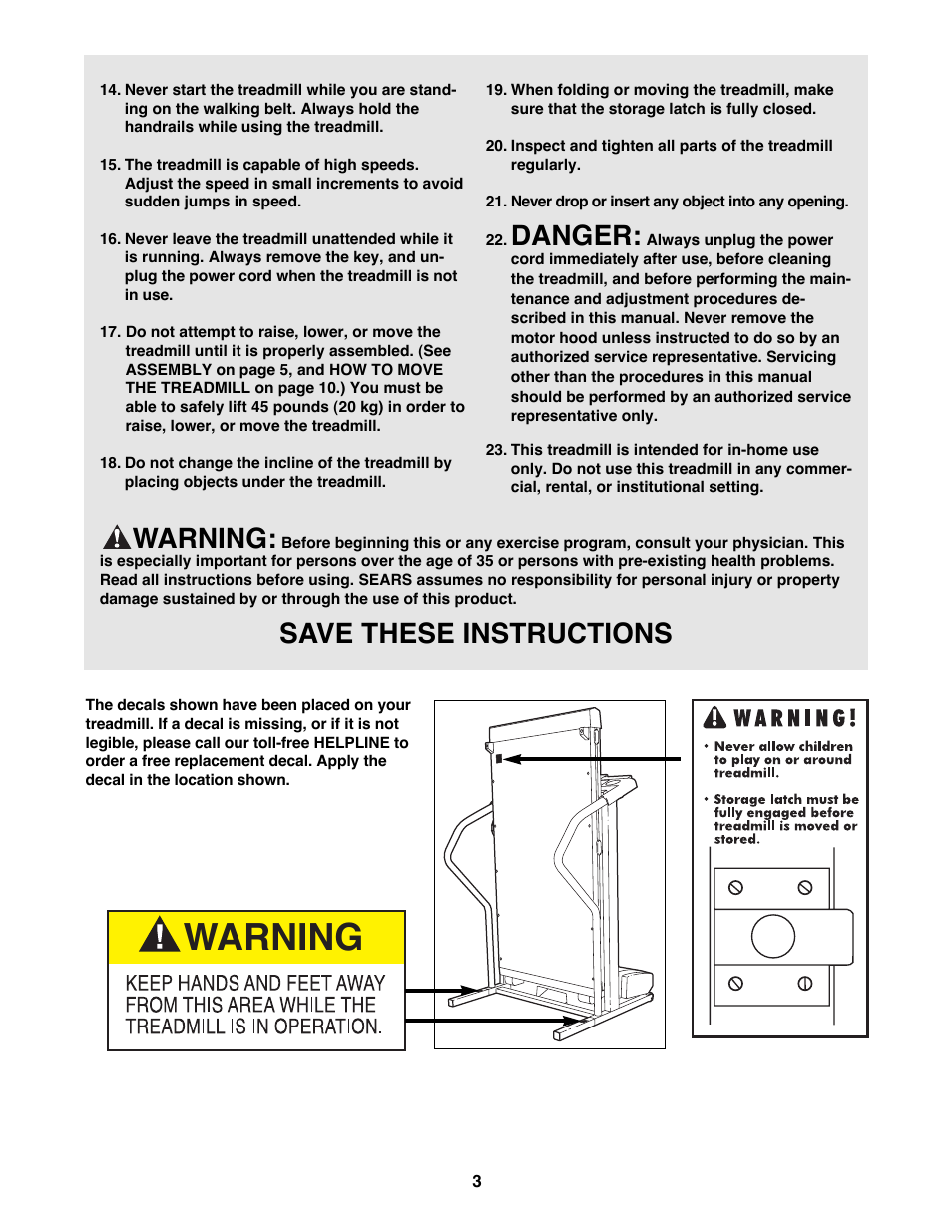 Danger, Warning, Save these instructions | ProForm 831.298072 User Manual | Page 3 / 18