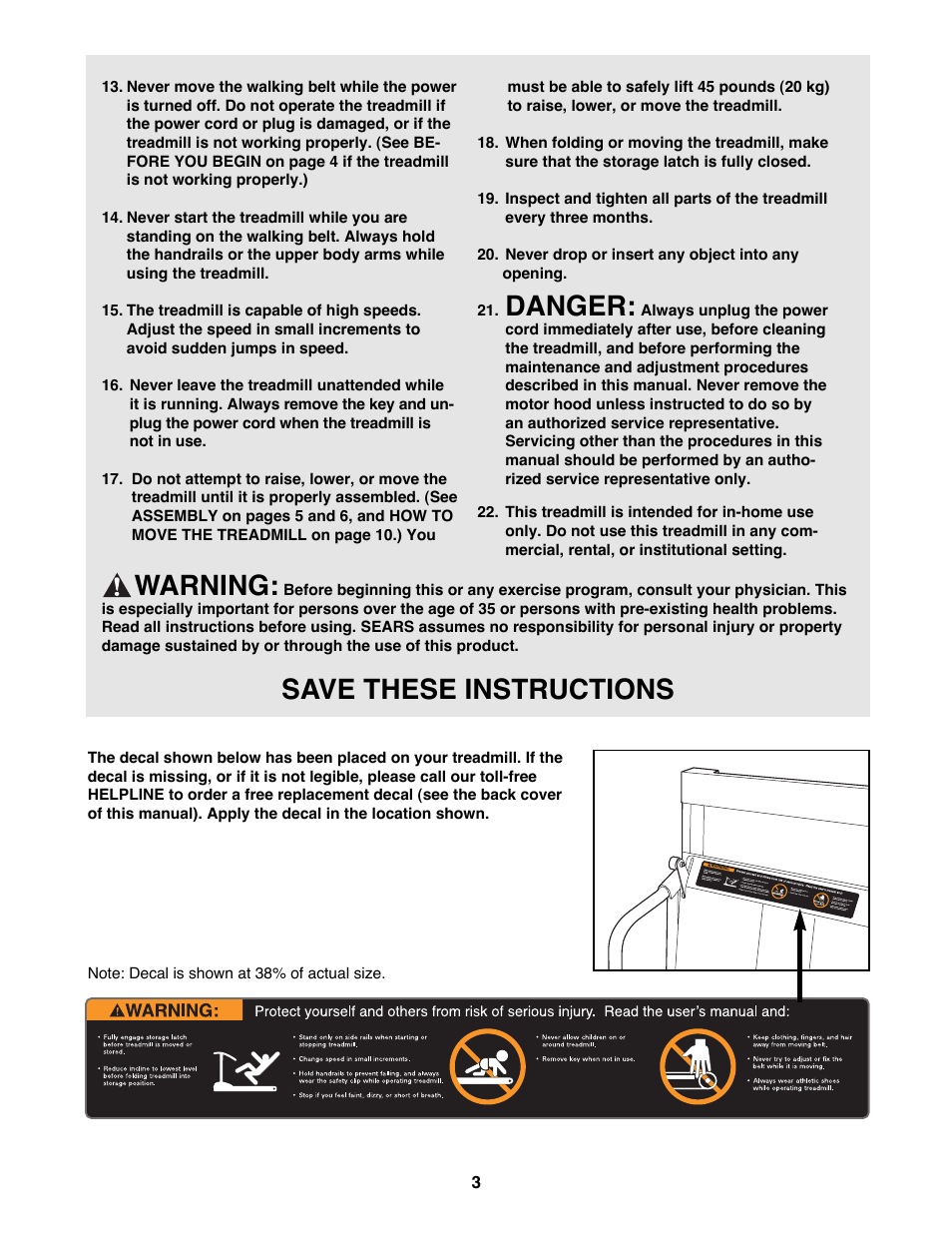 Danger, Warning, Save these instructions | ProForm 831.299230 User Manual | Page 3 / 18