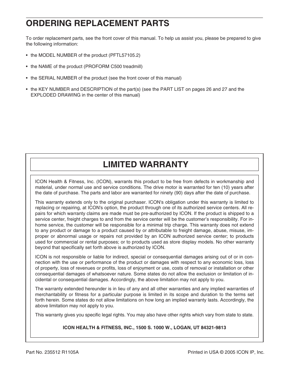 Limited warranty, Ordering replacement parts | ProForm C500 PFTL57105.2 User Manual | Page 30 / 30