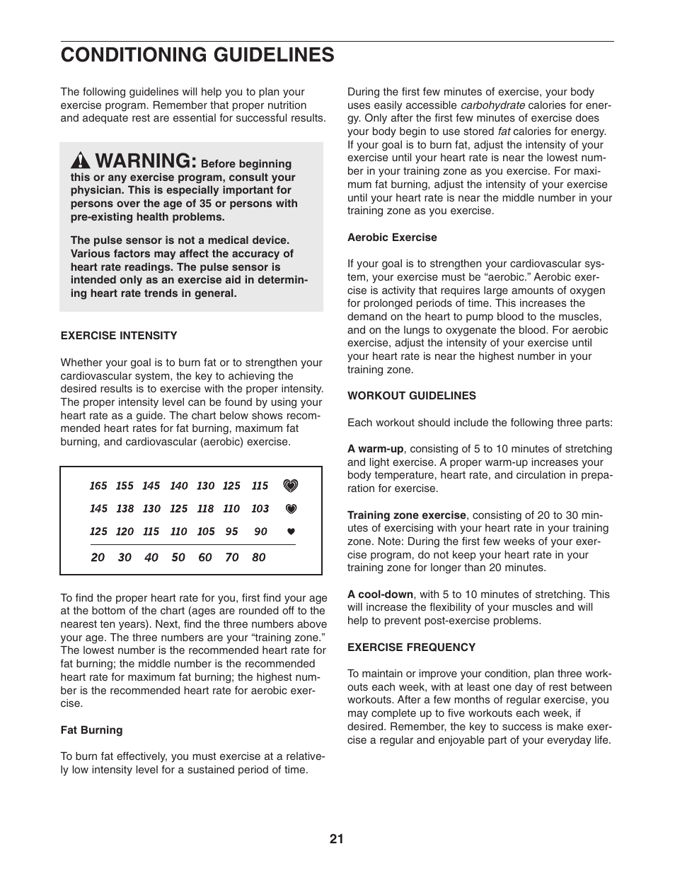 Conditioning guidelines, Warning | ProForm PFEX17932 User Manual | Page 21 / 24